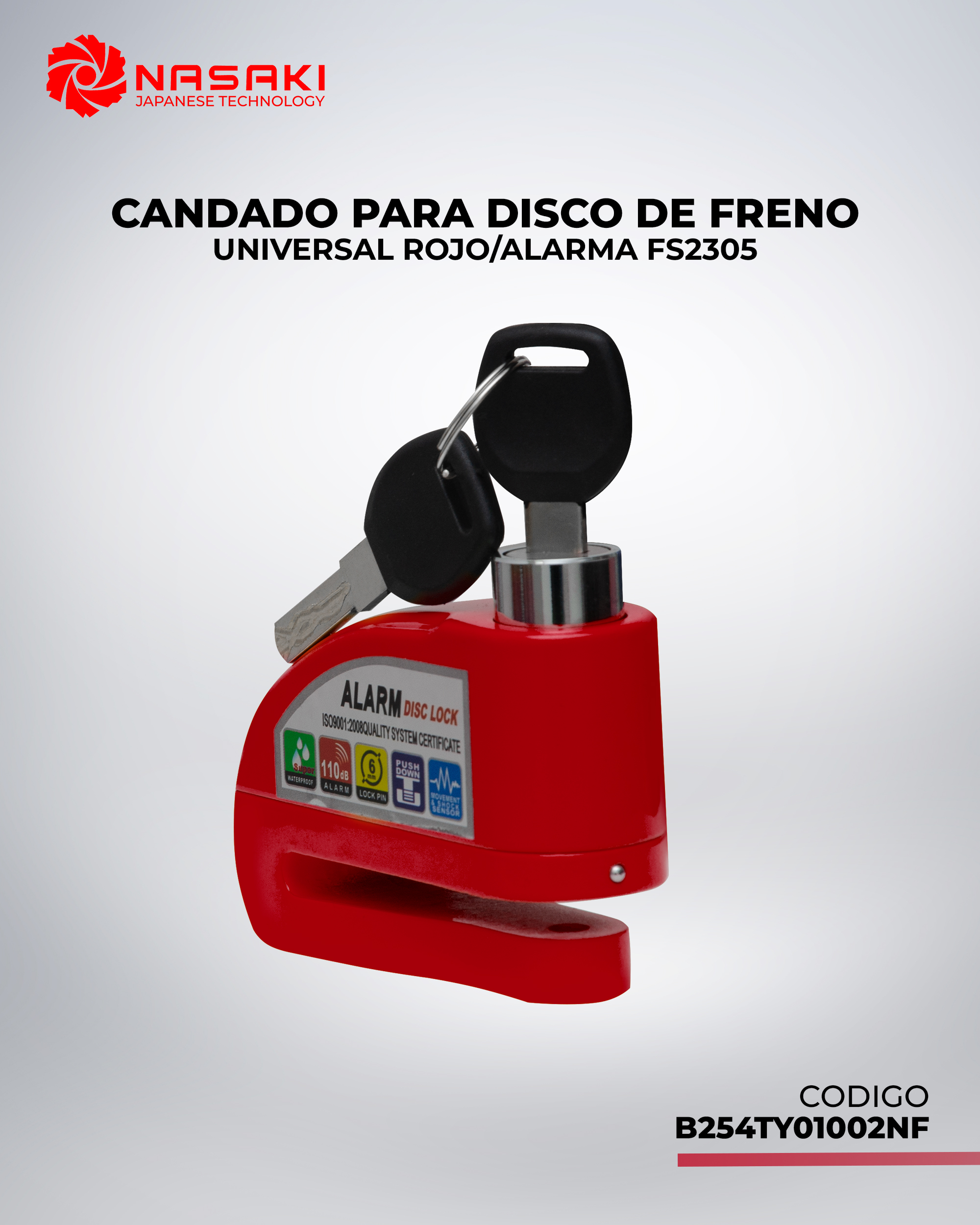 CANDADO PARA DISCO DE FRENO UNIVERSAL ROJO/ALARMA FS2305