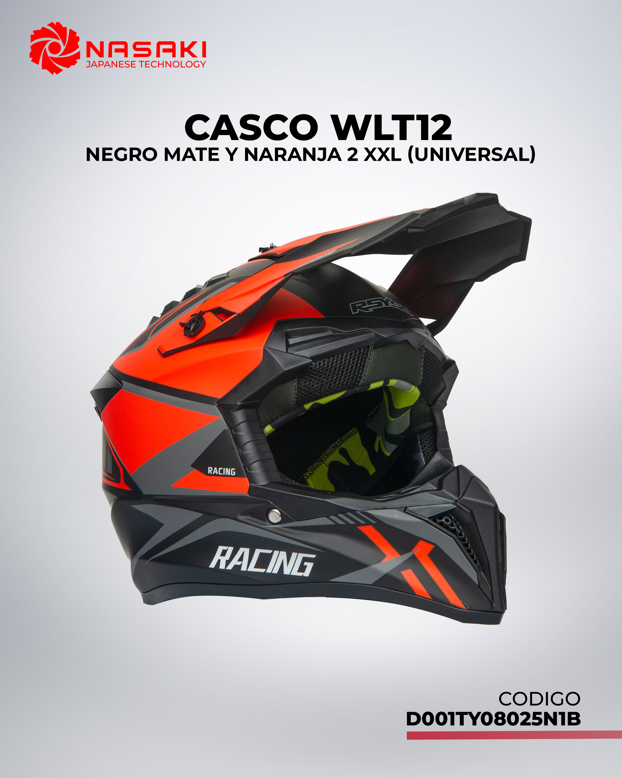 CASCO WLT127 NEGRO MATE Y NARANJA 2 XXL
