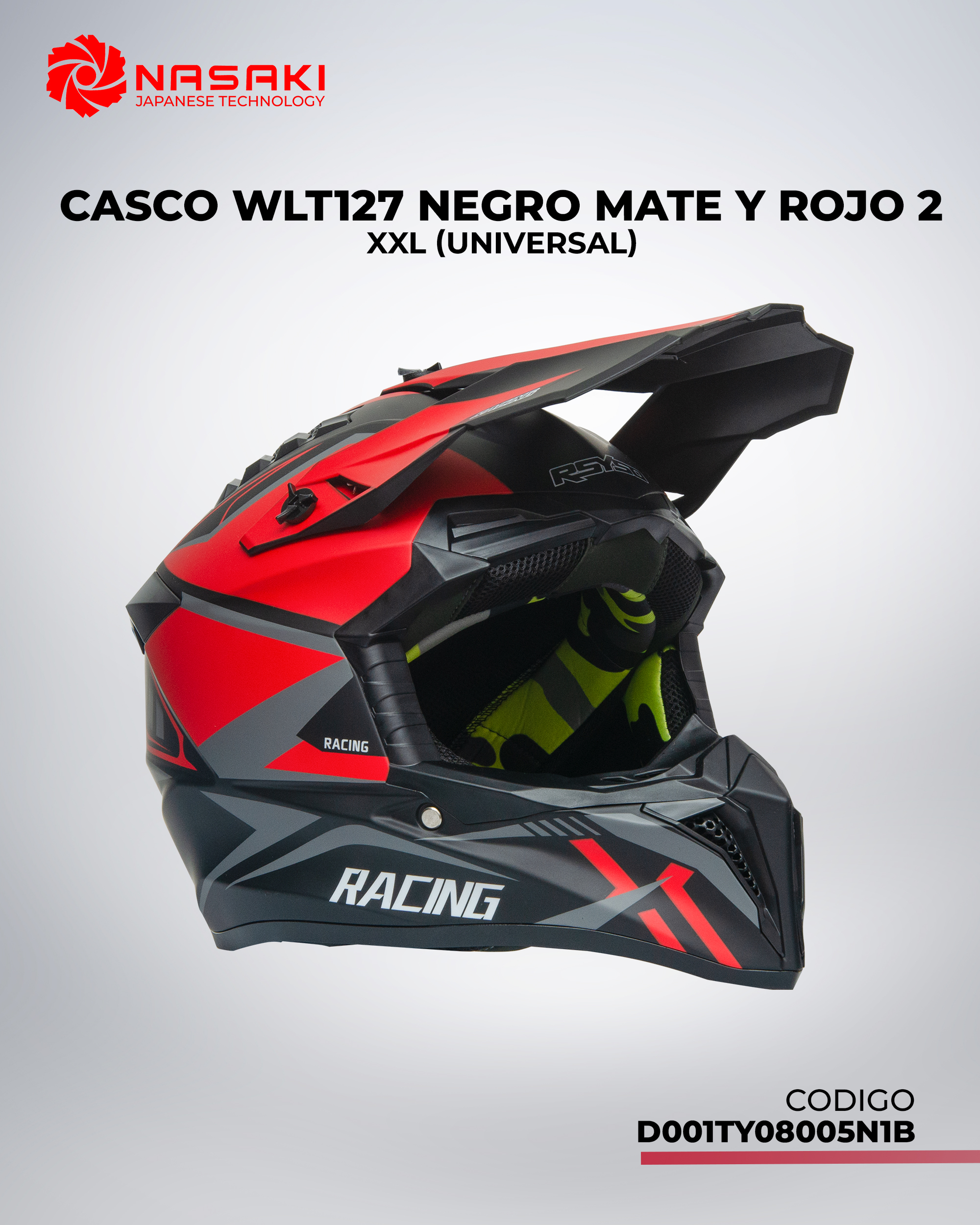 CASCO WLT127 NEGRO MATE Y ROJO 2 XXL