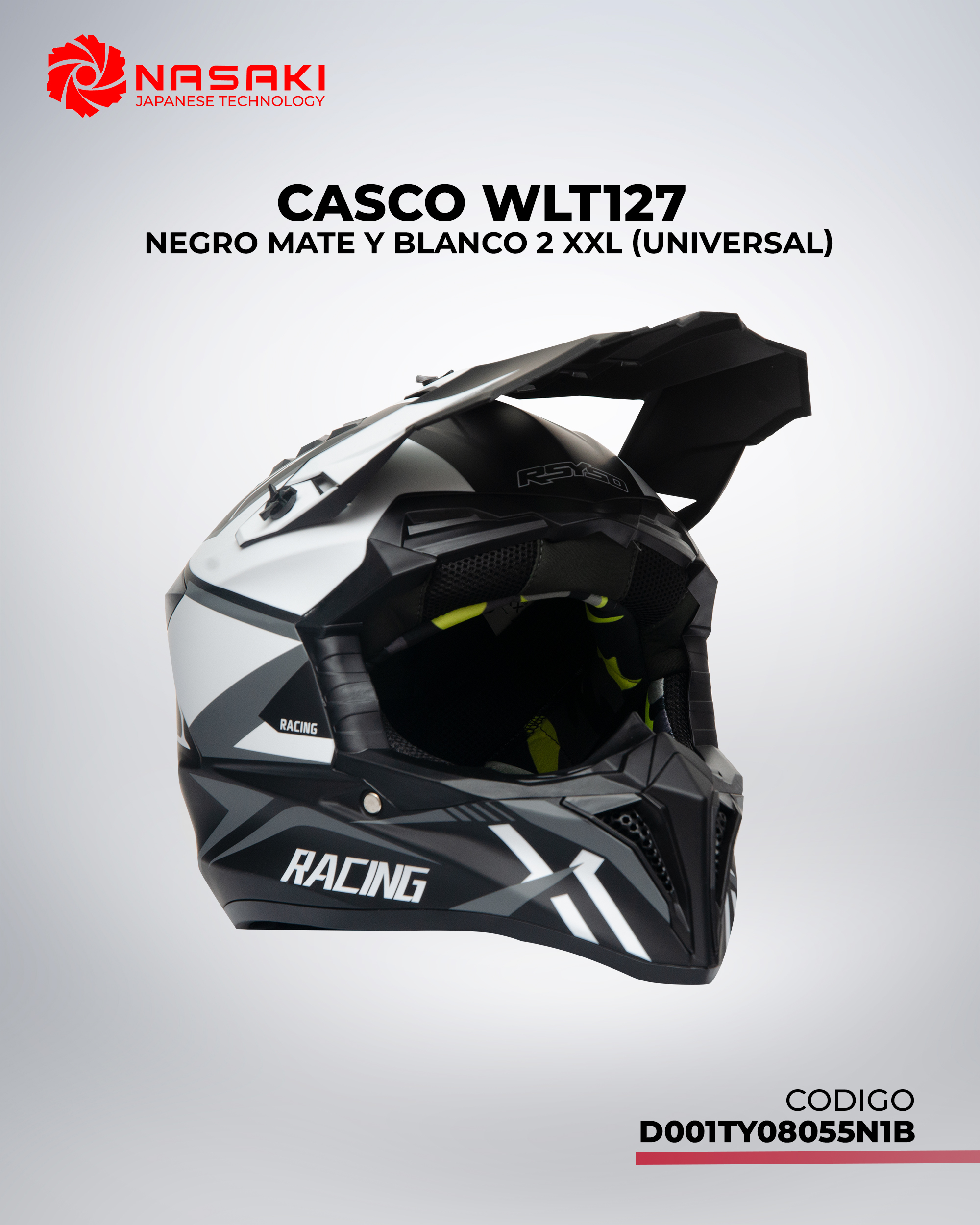 CASCO WLT127 NEGRO MATE Y BLANCO 2 XXL