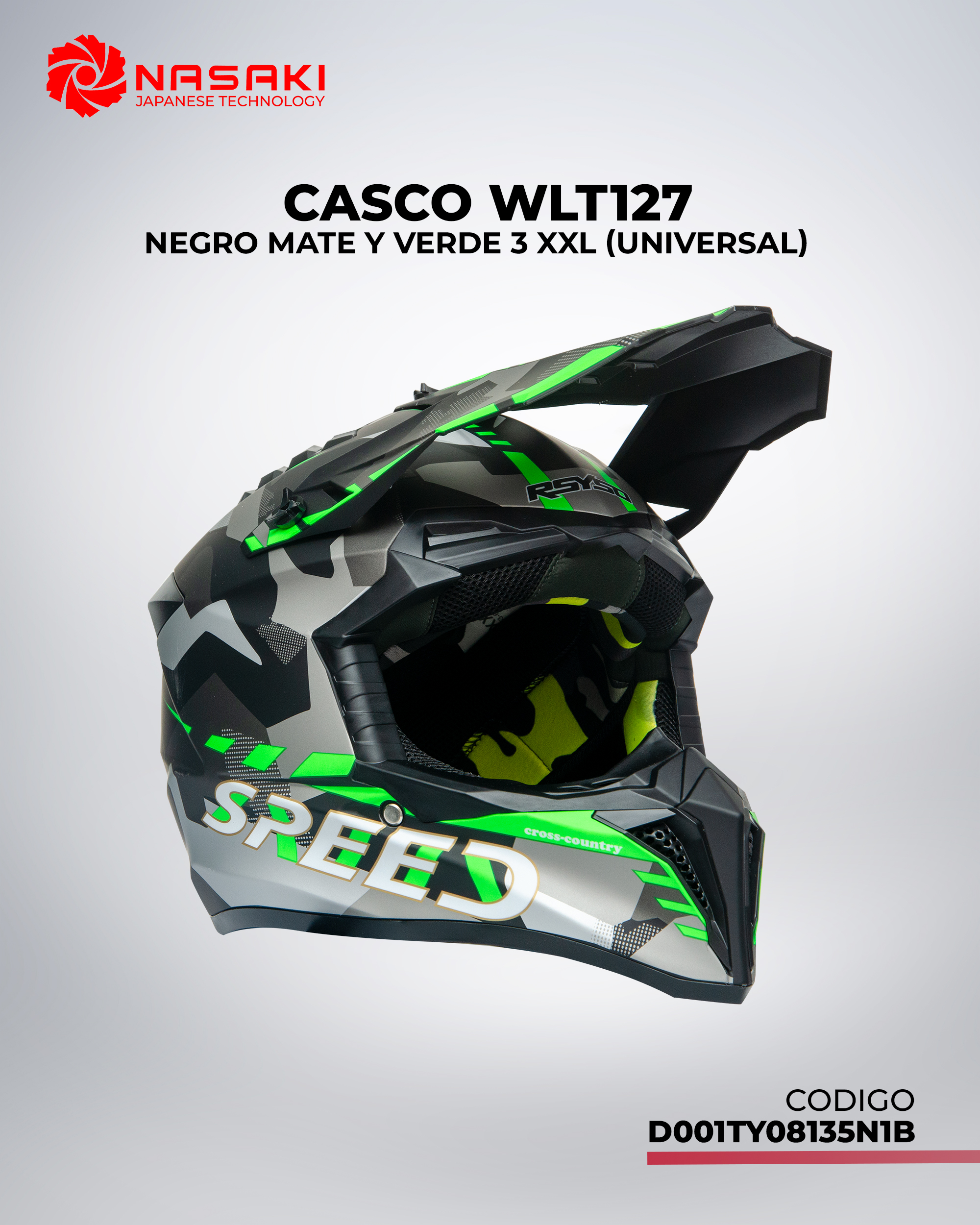 CASCO WLT127 NEGRO MATE Y VERDE 3 XXL