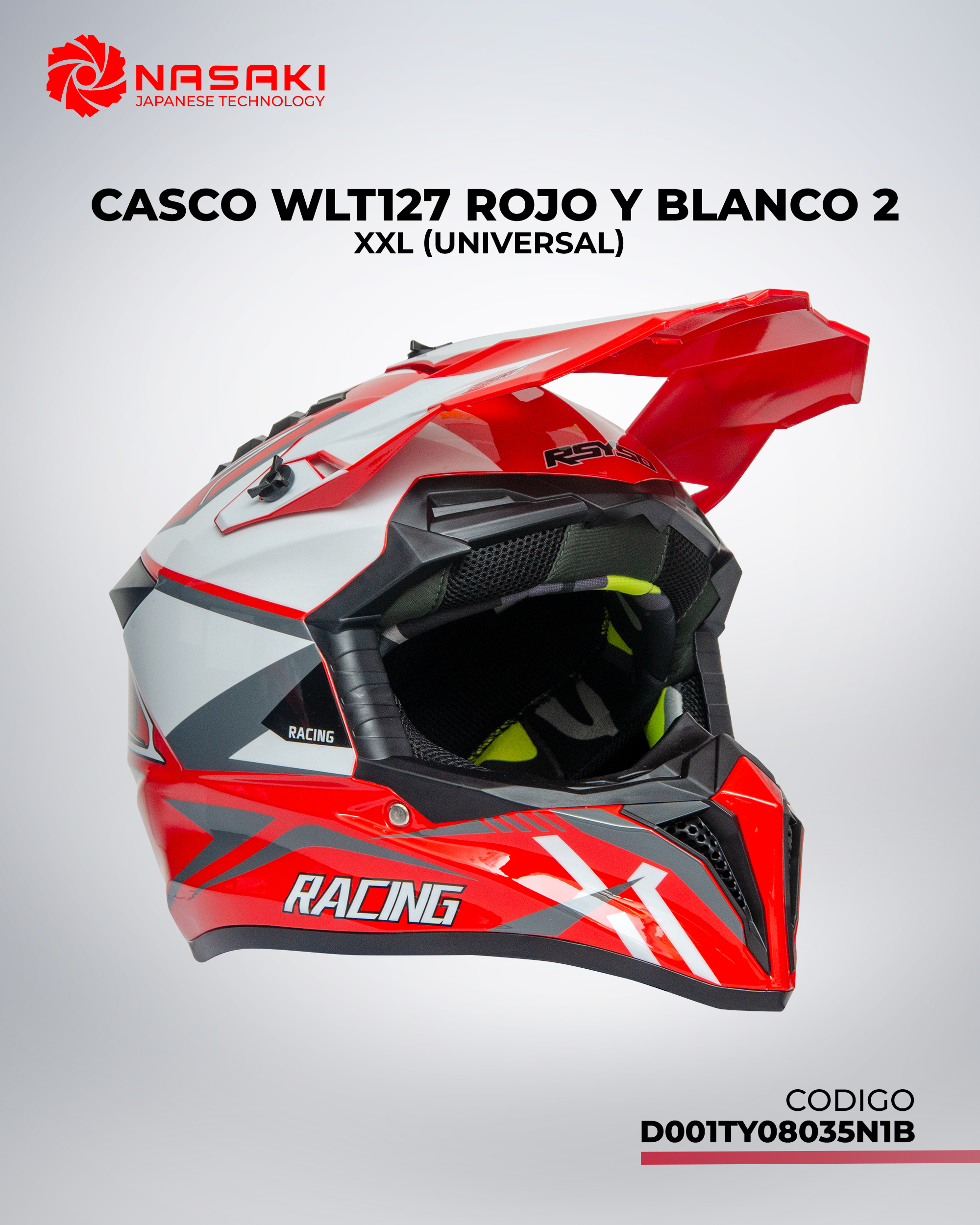 CASCO WLT127 ROJO Y BLANCO 2 XXL