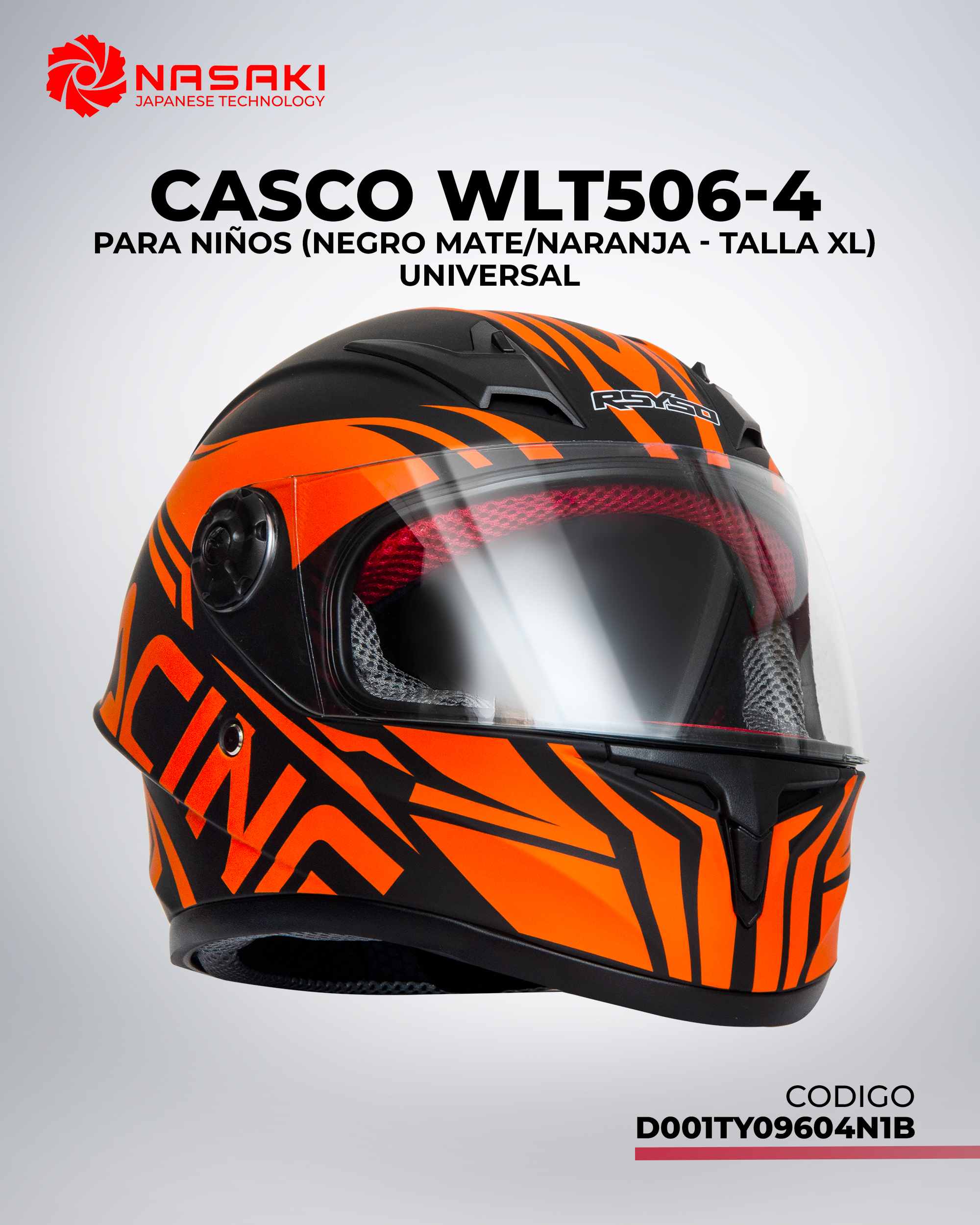 CASCO WLT506-4 NIÑOS NEGRO MATE Y NARANJA XL