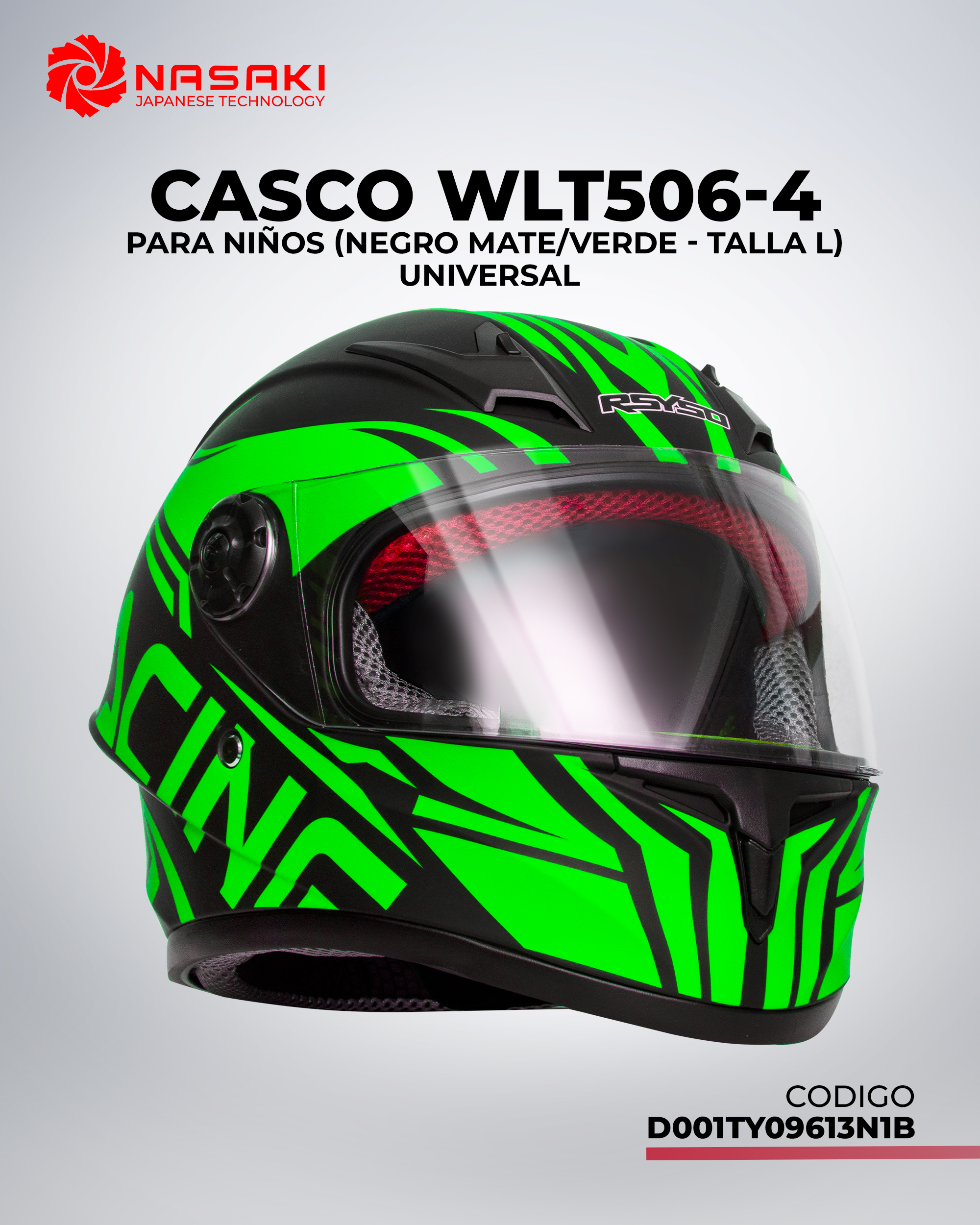 CASCO WLT506-4 NIÑOS NEGRO MATE Y VERDE L