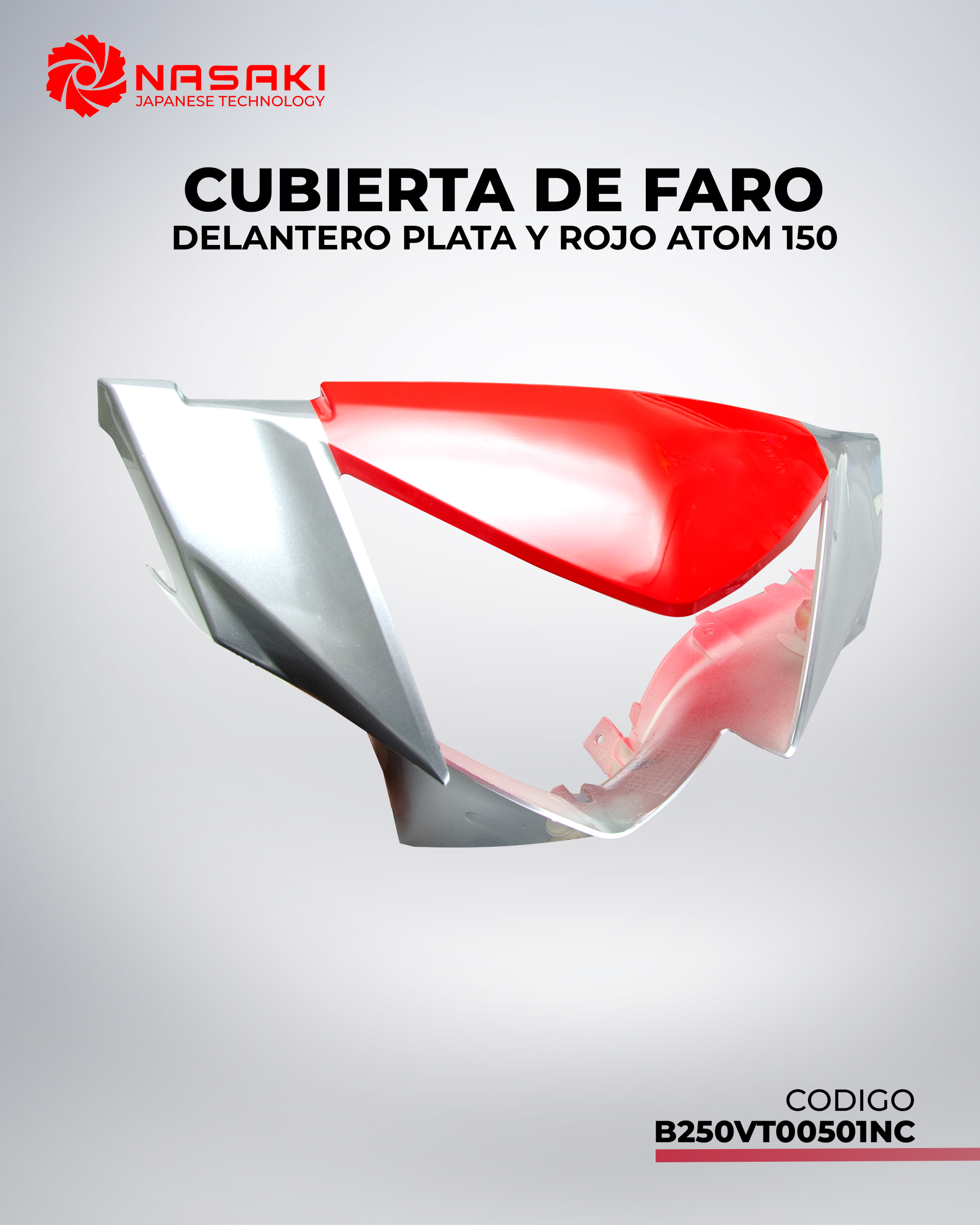 CUBIERTA DE FARO DELANTERO PLATA Y ROJO ATOM 150