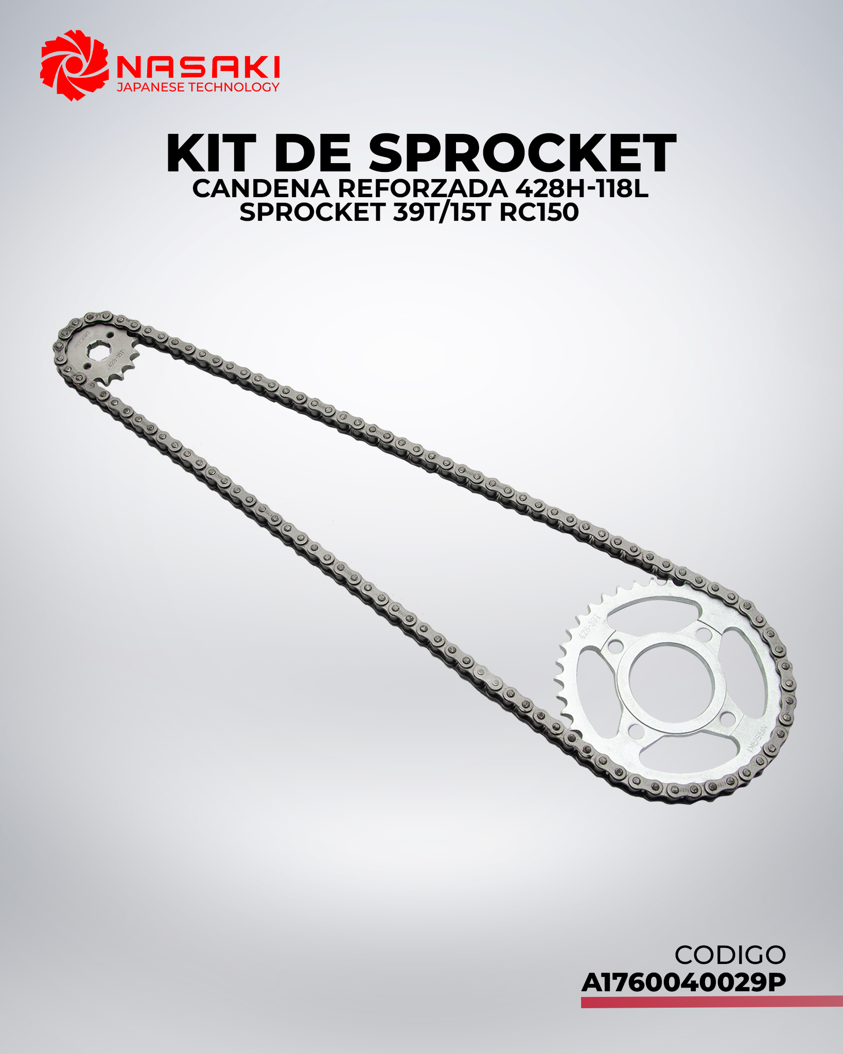 KIT DE SPROCKET CANDENA REFORZADA 428H-118L SPROCKET 39T/15T RC150