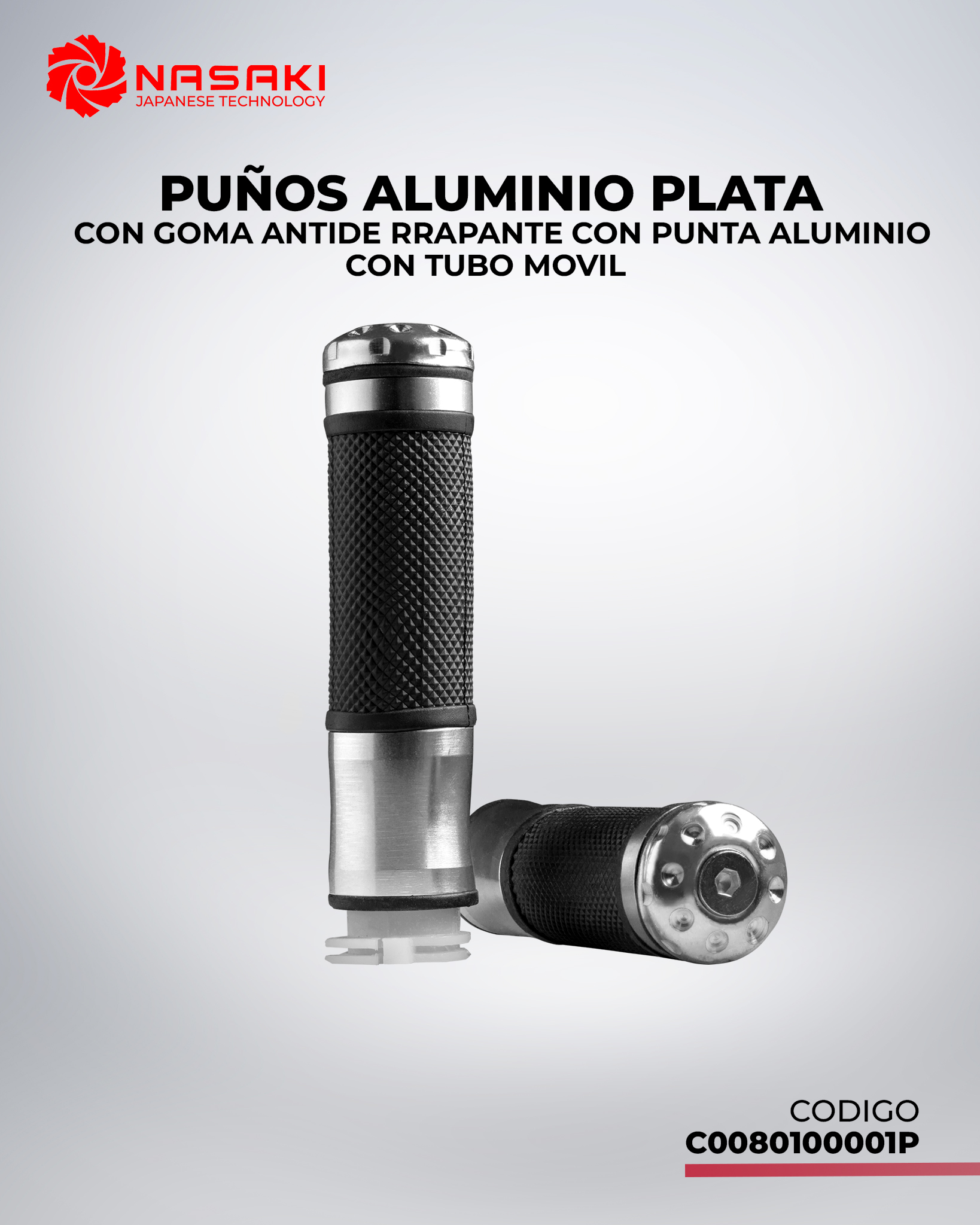 PUÑOS ALUMINIO PLATA CON GOMA ANTIDE RRAPANTE CON PUNTA ALUMINIO CON TUBO MOVIL