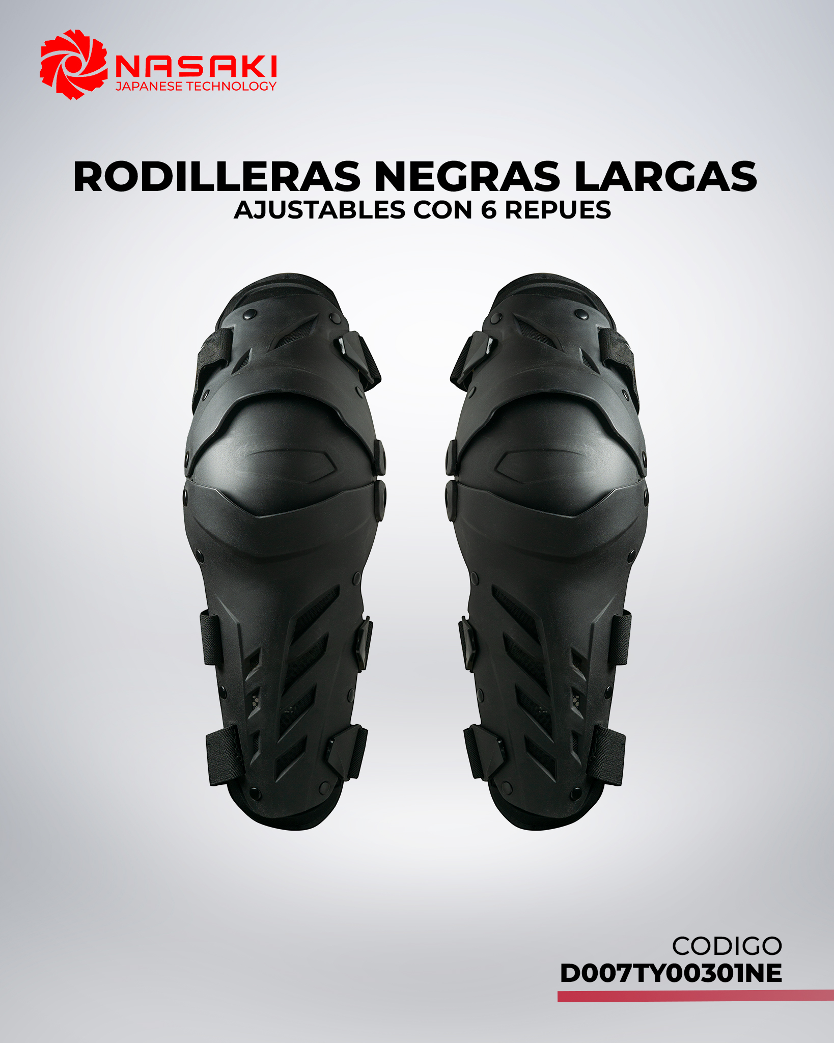 RODILLERAS NEGRAS LARGAS AJUSTABLES CON 6 REPUES